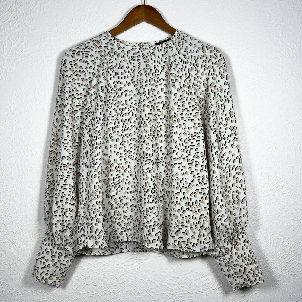 Express Leopard Animal Print Women's XS Black Tan Button Sleeve Cuff Flowy Top - Picture 12 of 12
